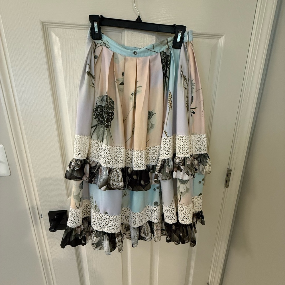 Anthropologie Pastel Floral Tiered Maxi Skirt with Lace Trim